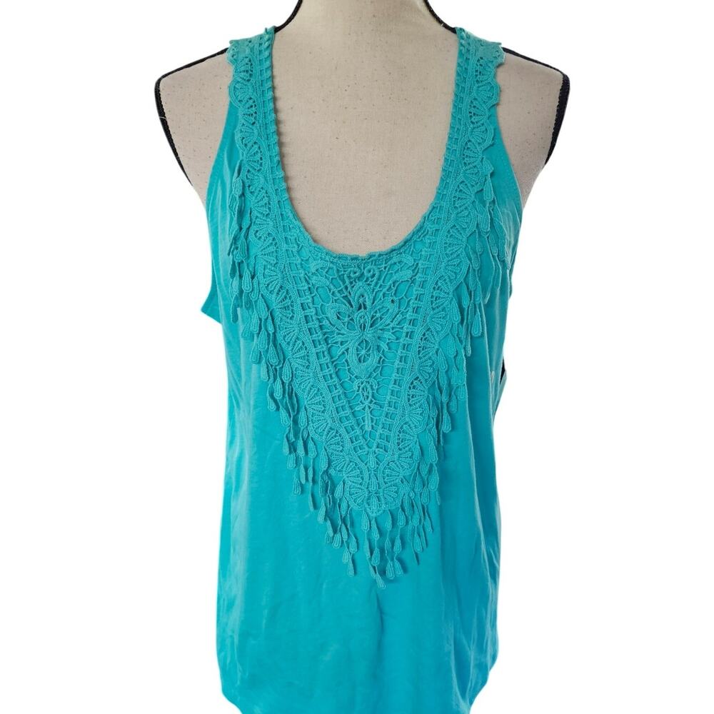 SOHO Y2K Crochet Fringed Tank Top Size Large Teal Preppy Fairy Boho